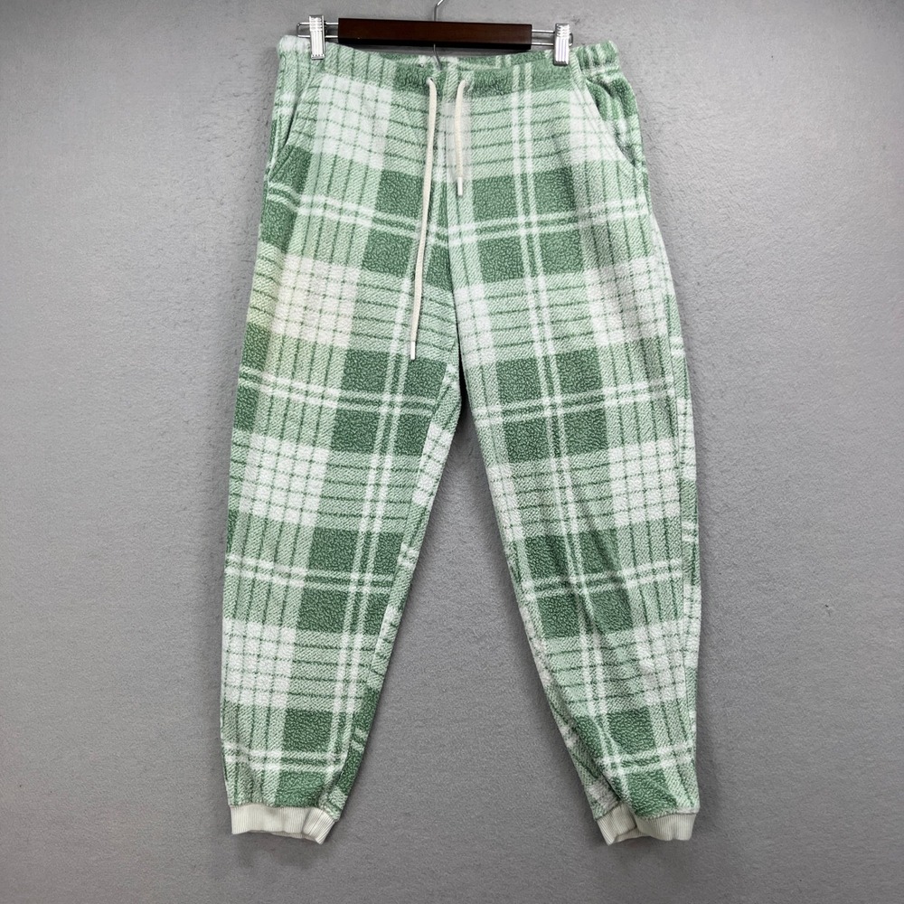Aerie Pajama Pants Womens M Green Plaid Sherpa Fleece Drawstring Lounge Jogger